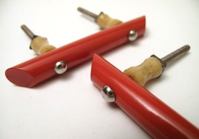   DECO ORANGE & Ivoryine BAKELITE DRAWER PULLS HANDLES 1930S MACHINE AGE