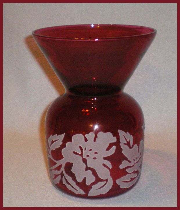 Vintage Pilgrim Cranberry Etched Vase Floral Glass Sgn.  