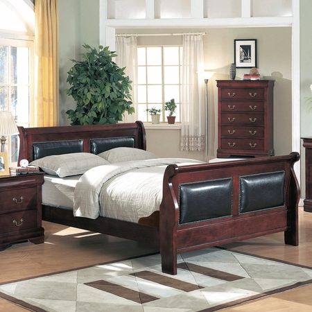 Louis Philippe Cherry Queen Leather Sleigh Bed 5 Pcs Set w/ Hidden 