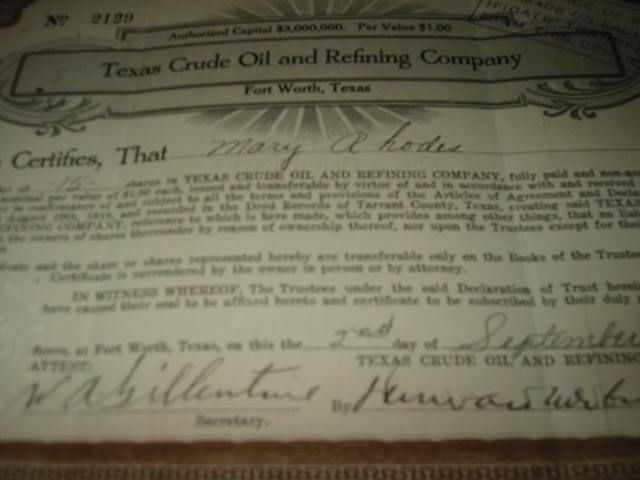 1919 TEXAS CRUDE OIL   Fort Worth   Stock Certificate  