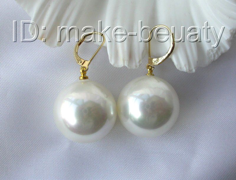 stunning big 20mm round white south sea shell pearl dangle earrings 