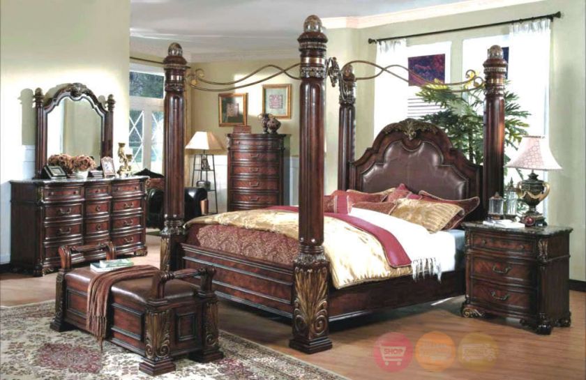 Queen Poster Canopy Bed w/ Leather Luxury Bedroom Furniture Set w 