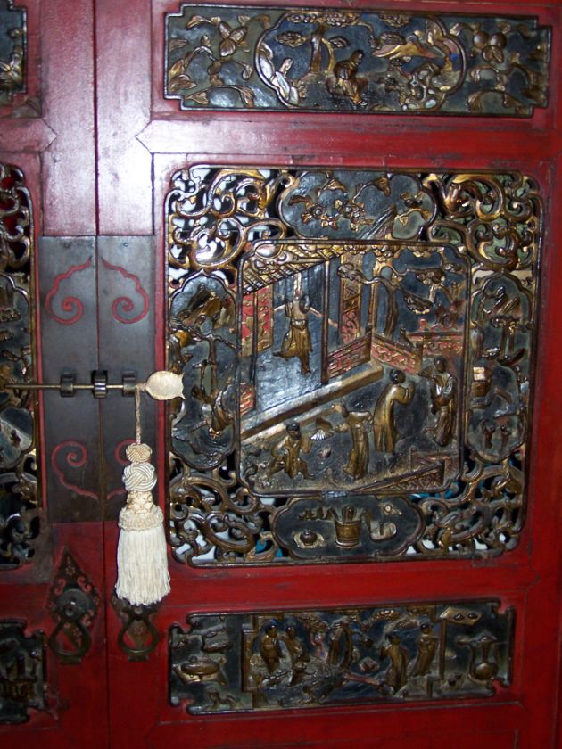 Chinese Antique Red Armoire   Beautifully Carved Panels  