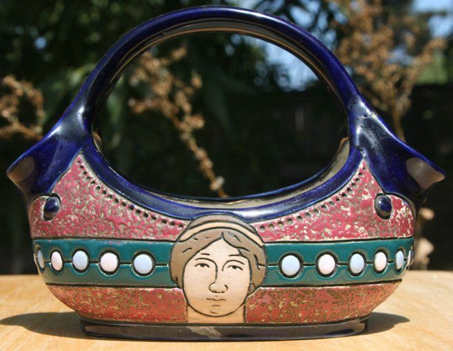 Enameled Art Pottery Basket~Amphora Czechoslovakia  