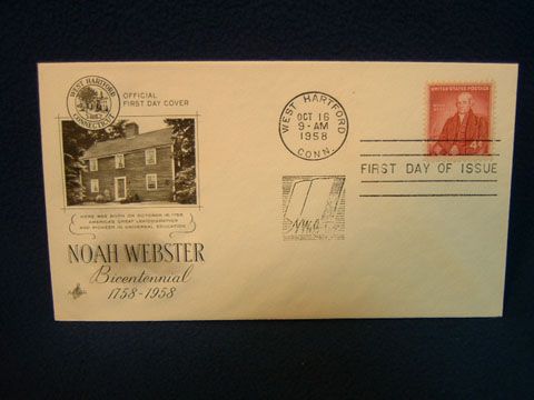 Noah Webster Bicentennial. 1958. Fine Art Craft cachet. Nice color and 