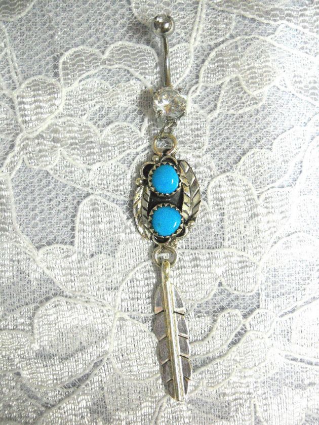   BLUE TURQUOISE GEM DECO DREAMCATCHER w LRG FEATHER CLEAR CZ BELLY RING