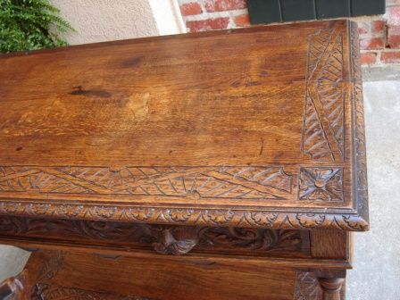  Antique English Victorian Carved Tiger Oak Sofa Table Buffet Sideboard