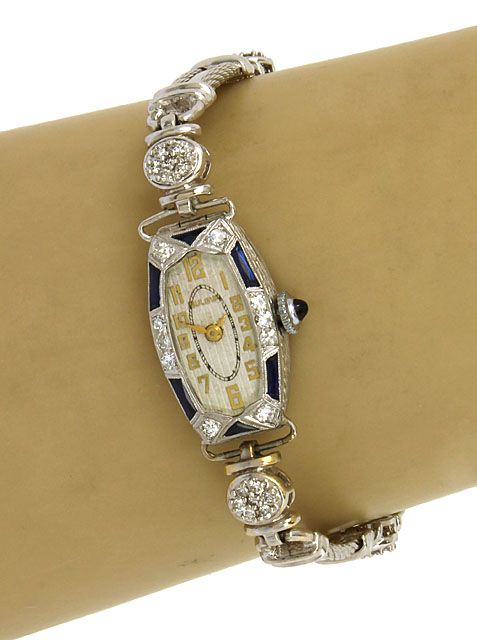 LADIES VINTAGE PLATINUM, DIAMONDS & SAPPHIRES DRESS WRIST WATCH  