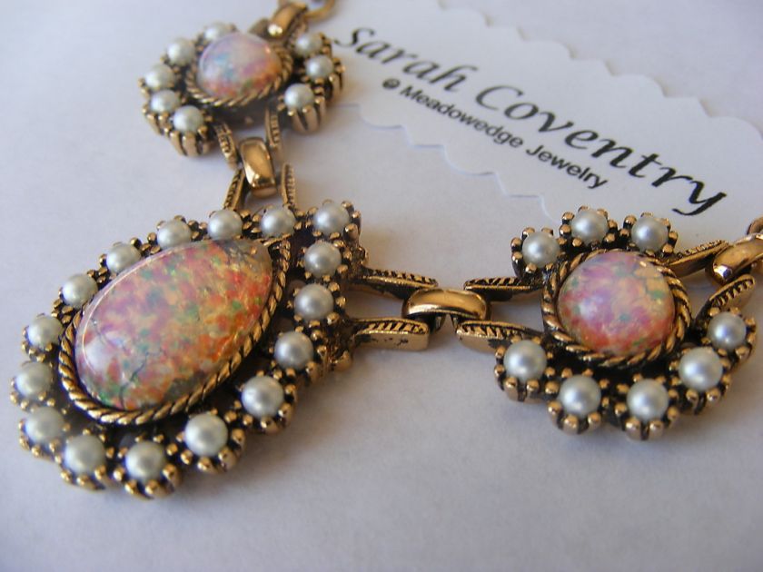   Empress Necklace Faux Firey Opal Faux Pearl Vintage Costume Cov  