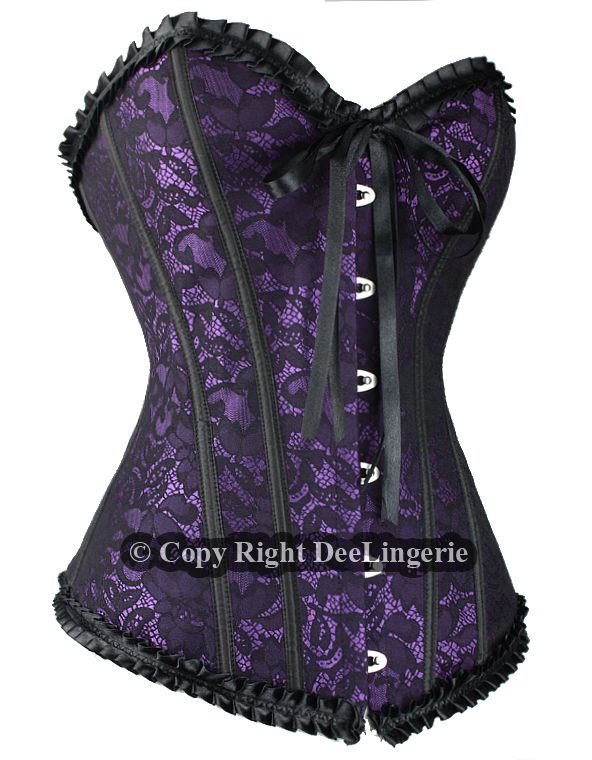 PURPLE GOTH SATIN LACE OVERLAY CORSET SIZE S M L XL XXL  