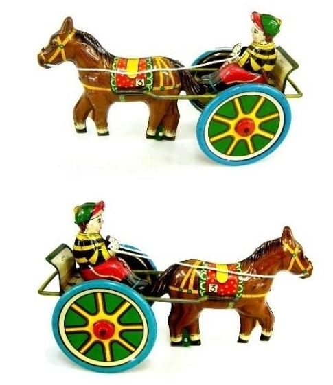 PREWAR Japanese HORSE Carriage Boy Wagon SPRING Tin Toy  