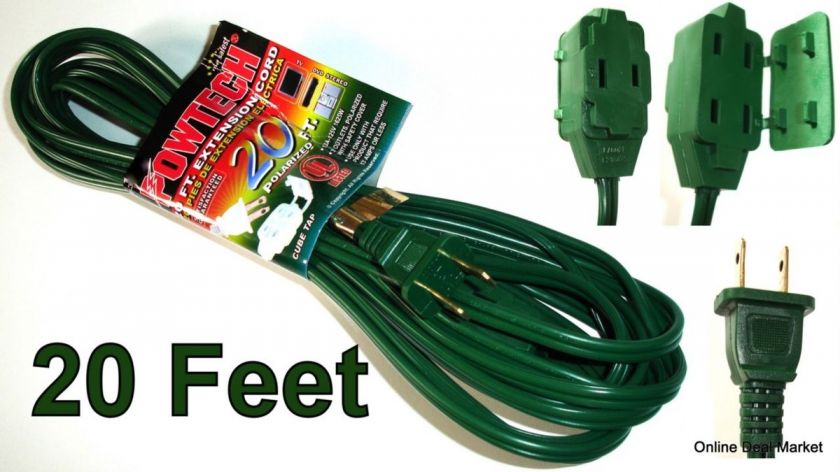 Lot Of 2 GREEN 20 Ft Extension POWER Cord 3 Outlet LONG  