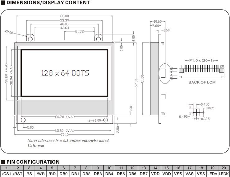 GRAPHIC ( COG ) LCD MODULE / LCM  JHD636  12864 FP/W  