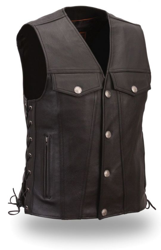 Mens Black Leather Buffalo Nickel Motorcycle Vest Lace  