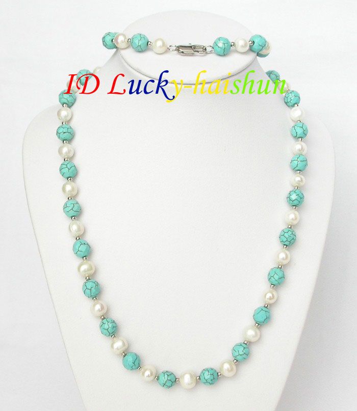 Genuine round white pearl turquoise necklace bracelet s  