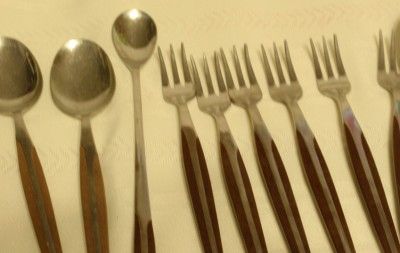 Lot 19 pcs Eldan Brown Wood Stainless Flatware ELD2 Brn Knife Fork 