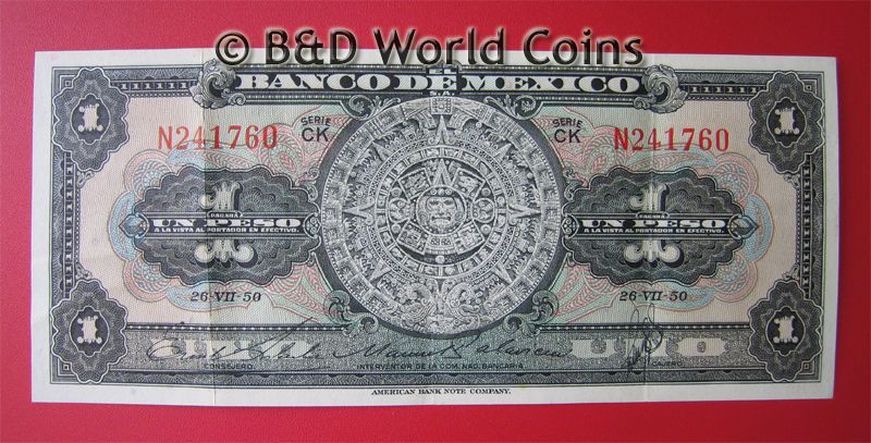 MEXICO 1950 1 PESO NOTE AZTEC CALENDAR SERIE CK 26.7.50  