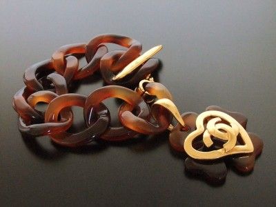 Authentic Chanel Vintage Cuff Bracelet Bangle brown large chain gold 
