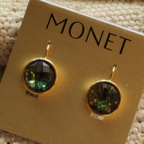 New Monet Button Pierced Hook Earrings Gold Tone Cut Crystal 3 Colours 