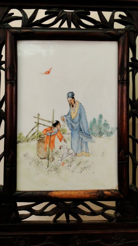 Antique C.1900 Chinese Qing   Republic Hongmu Wood Porcelain Plaque 