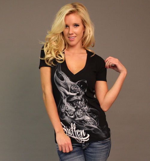 SULLEN GIRLS SMOKEY SKULL ROSES V NECK T SHIRT BLK S XL  