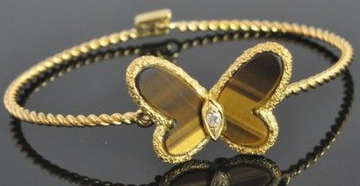 Van Cleef & Arpels 18K Yellow Gold Tigers Eye Diamond Butterfly 