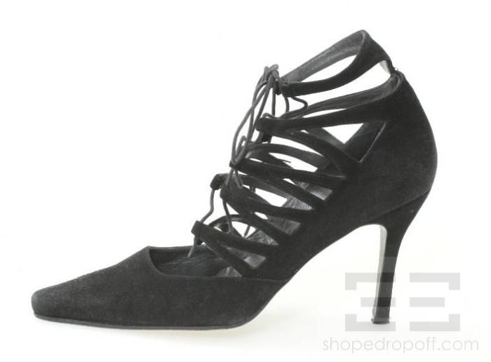 Stuart Weitzman Black Suede Lace Up Pointed Toe Heels Size 10B  