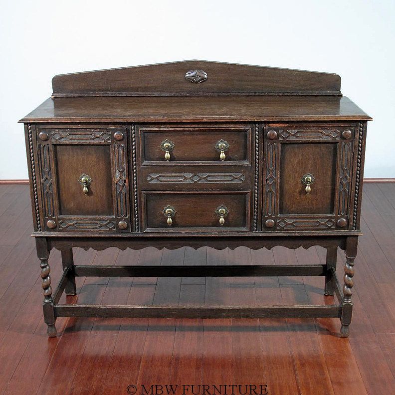 Antique Enlgish Oak Barley Twist Jacobean Buffet Sideboard Server 