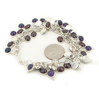 43 Amethyst Garnet Charm Sterling Silver Link Bracelet  