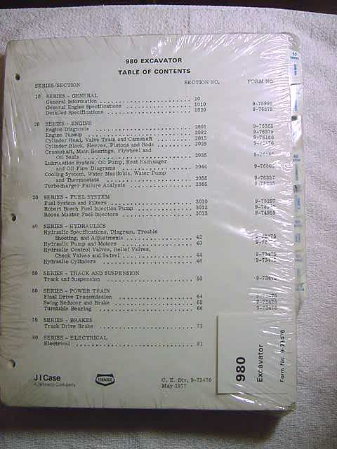 Service manual for Case Model 980 Excavator with binder; new in 