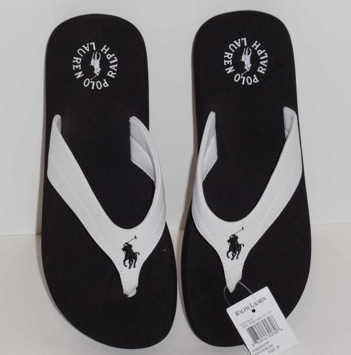 POLO RALPH LAUREN TERO Flip Flops White Top Strap Black Sole, Pony 