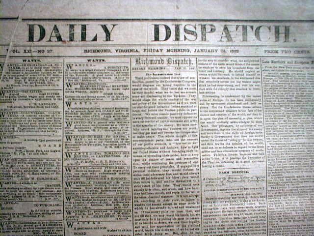 Original Confederate Civil War newspaper RICHMOND VA  