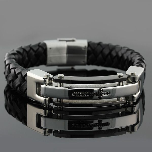   Steel and Black Leather Black CZ Religious Cross Mens Bracelet  