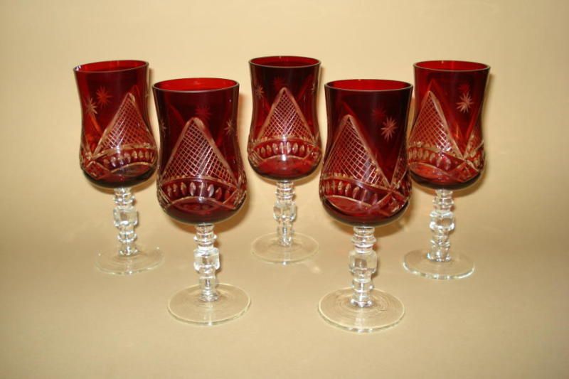 Set of 5 Bohemian Ruby Red Cut to Clear Crystal Goblets  