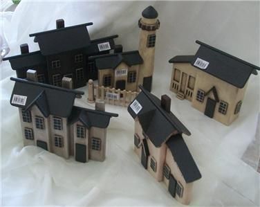   Sky Primitive Wooden 5 Block Houses Fence Village Folksy Decor  