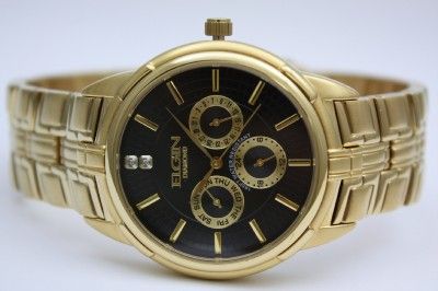 New Elgin Diamond Men Multi Functions Gold Men Dress Watch FG165N 