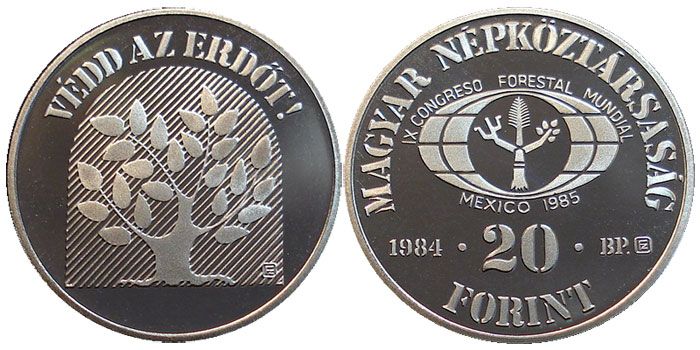 HUNGARY 20 FORINT 1984 PROOF = FORESTRY   TREE = F.A.O  