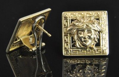   Vintage Two Tone 14K Gold Medusa Goddess Greek Key Omega Clip Earrings