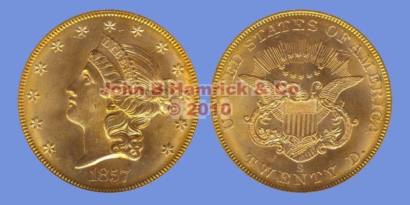 1857 S Liberty Head $20 PCGS MS65 S.S. CENTRAL AMERICA  