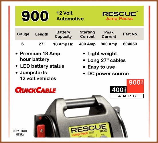 QUICK CABLE Rescue Model 900 Jump Booster Pack Battery Charger   NEW 