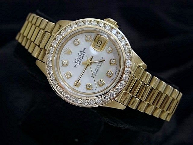 LADIES 18K GOLD ROLEX DATEJUST PRESIDENT DIAMOND WATCH  