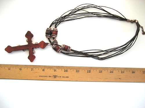  large vintage inspired cross pendant with jute threads necklace 