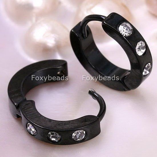 BLACK Stainless Steel Mens Hoop Earrings New Gift PAIR  