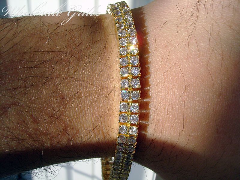   MENS 2 ROW GOLD GP SIMULATE DIAMOND CUSTOM TONI HIPHOP TENNIS BRACELET