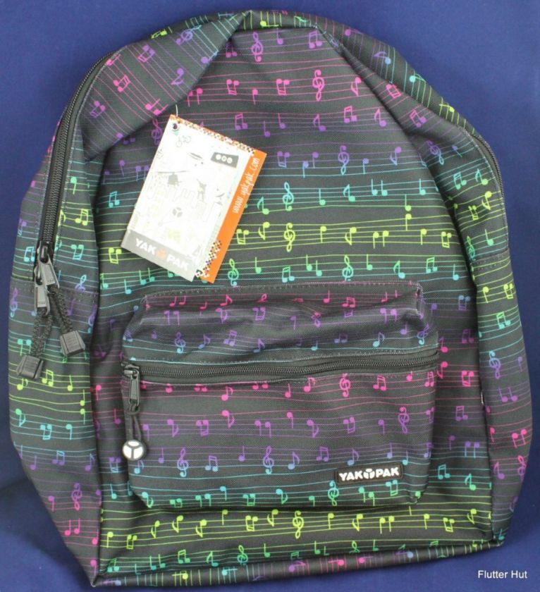 Yak Pak Music Musical Notes Backpack Book Bag Multi Color 16 Padded 