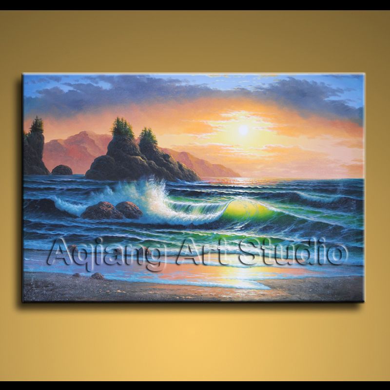 Large Framed Art Oil Painting Seascape Ocean Wave Beach  