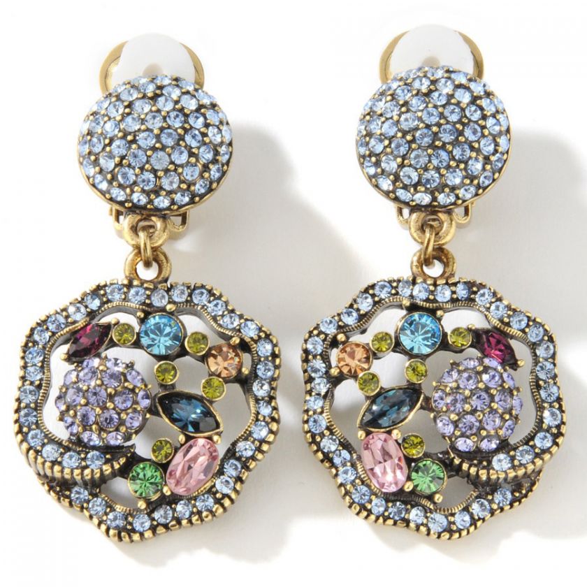   PAVE RAINBOW MULTI SHAPE CRYSTAL FLOWER DROP CLIP EARRINGS NEW  